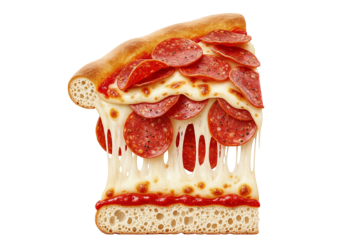 Hot Pepperoni Pizza Slice with Dripping Melting Cheese and Thick Crust Isolated on Transparent Background
