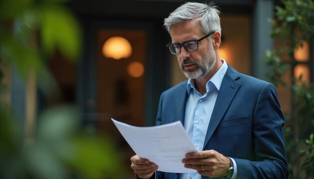 Mature grey haired man with beard carefully reads important business documents outdoors in daylight. Wearing modern glasses, smart blue suit, appears serious, focused, pro analyzing papers for key - Powered by Adobe