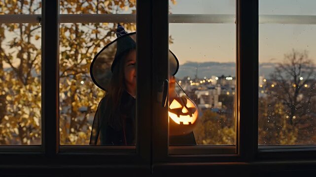 A child in a witch costume at a window, holding a lit jack-o'-lantern, looking out at a city at twilight