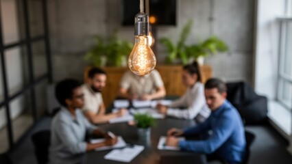 Illuminated light bulb symbolizing innovation and bright ideas with creative business team brainstorming together in a modern office, focusing on strategy, planning, and collaboration