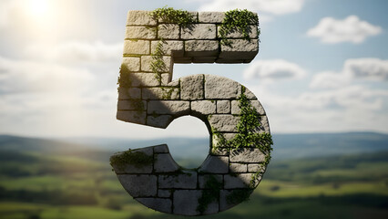 Stone number five with moss and vines against a blurred landscape backdrop