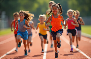 Children race on outdoor track, running fast with happy smiles and determined faces. Young athletes compete in a fun sprint event, showing spirit and energy on sports day.