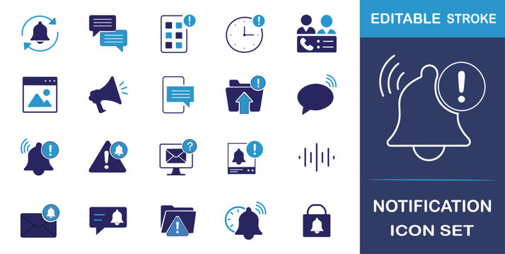 A collection of flat style notification icons.  Notification, alert, reminder, message, update, warning, signal, vibration, popup, and announcement are all included in the icon pack.