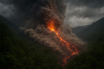 A pyroclastic surge sweeping through a rainforest valley, glowing embers suspended in the air, captured in a wide-angle documentary shot.