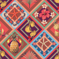 Summer tropical fruits and seashells pattern in colorful geometric squares vector seamless design