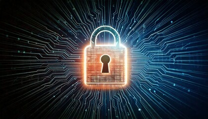 A glowing digital padlock icon representing cybersecurity and data protection within a complex circuit board network, symbolizing secure information flow.