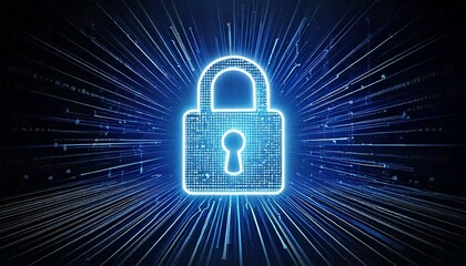 A glowing blue digital padlock icon symbolizing cybersecurity and data protection, with radiating light effects on a dark background.