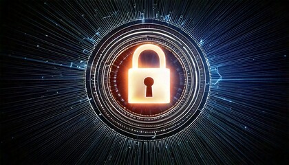 A glowing orange padlock symbol at the center of a dark, abstract digital background with radiating lines and concentric circles, representing cybersecurity and data protection.