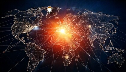 Digital representation of Earth at night, showing global connections, city lights, and a central glowing hub in Europe.