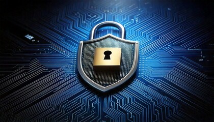 A digital security padlock with a golden keyhole on a blue circuit board background, symbolizing data protection and cybersecurity.