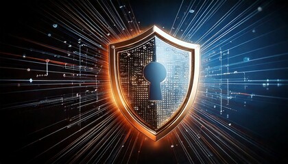 Digital security shield with keyhole icon glowing amidst radiating data lines.