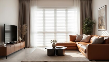 Fototapeta premium Modern living room photo. Interior decor with large brown leather sofa. The apartment has white venetian blinds, beige carpet. The room also features tv, curtains and decorative items.
