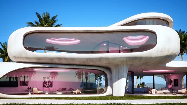 Futuristic Modernist Capsule-Structure Building with Curved White Fa?ade and Pink Glass Interiors by Palm Trees