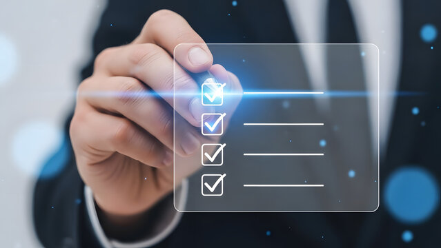 Businessman marking checklist with digital pen on transparent interface display - Powered by Adobe