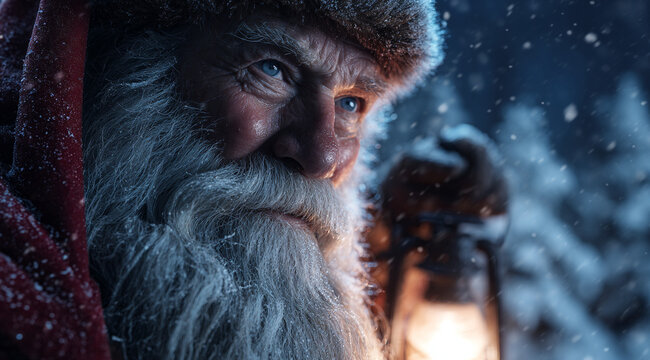 Santa carries a burning lamp in his hand through the winter night forest. Santa is in the forest. Santa with candles. - Powered by Adobe