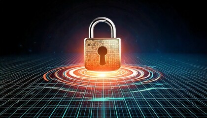 A metal padlock securing a digital screen with binary code symbolizes internet security and data protection