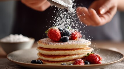 Fluffy pancakes topped with fresh berries and powdered sugar, perfect for breakfast or brunch