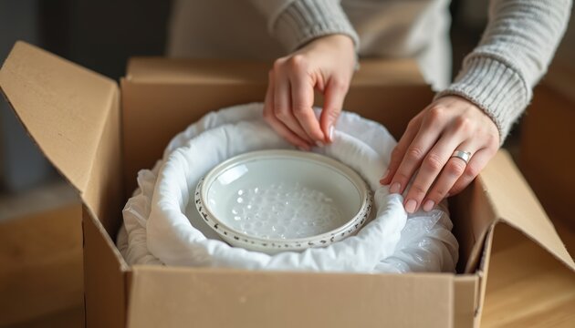 Woman packs plates in cardboard box for relocation. Person prepares household items for moving. Indoor close up of packing process to move into new house or apartment. - Powered by Adobe