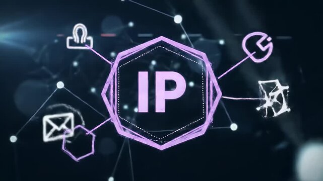 Futuristic Neon IP Logo Inside a Geometric Polygon Amidst Connected Network Nodes
