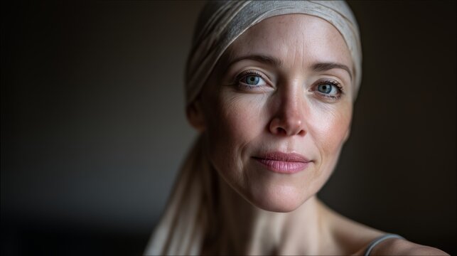 Woman with alopecia wearing a headscarf expresses confidence and strength in a serene setting