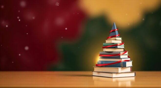 Creative Christmas tree made from stacked books with red ribbon decoration on a wooden table, festive holiday season concept with falling snowflakes