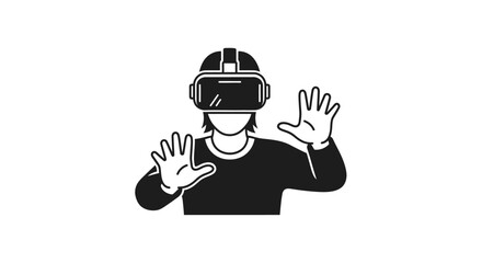 Person wearing a vr headset and protective helmet with hands outstretched