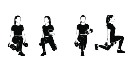 Woman demonstrating dumbbell lunges exercise progression in a fitness routine