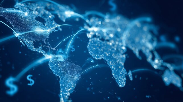 Digital world map illustration with glowing connections and financial symbols for global commerce
