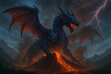 A dragon emerging from a volcanic crater, wings dripping molten lava, ash swirling around its body