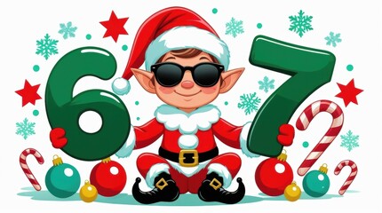 Cute Christmas Elf Holding Festive Numbers 6 and 7, Cartoon Holiday Illustration