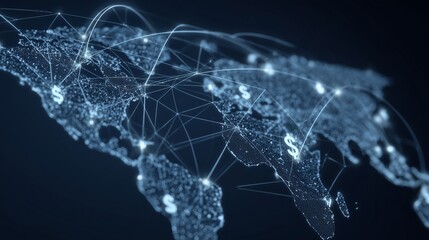 Digital world map with interconnected nodes and dollar symbols representing global finance concepts