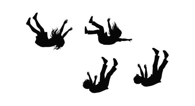 Silhouettes of falling figures against a stark white background display motion