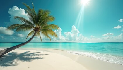 Beautiful white sand beach next to calm turquoise ocean. Single leaning palm tree casts long shadow on tropical shore. Bright sun rays shine from clear blue sky with fluffy white clouds. Gentle waves