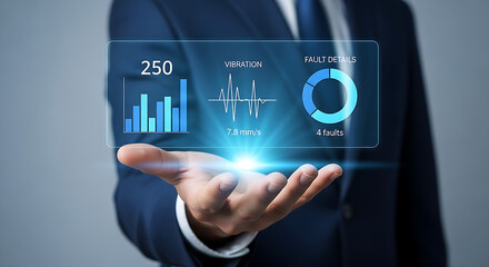 Businessman displaying futuristic holographic data and analytics on his open palm in dark suit