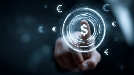Hand pressing digital currency symbol on futuristic interface with glowing elements and technology
