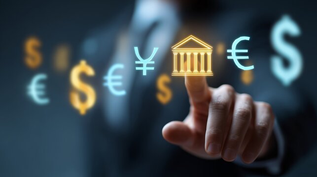 Businessman interacting with digital currency symbols and financial icons in a modern setting