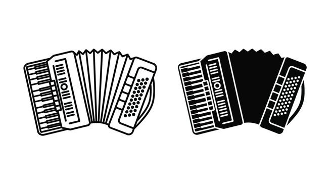 Two monochrome illustrations depicting traditional musical accordions side by side
