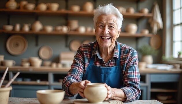 Smiling elderly woman enjoys pottery making in her workshop. She holds a ceramic pot, her face showing pure joy and creative fulfillment. Shelves hold handmade ceramic pieces.