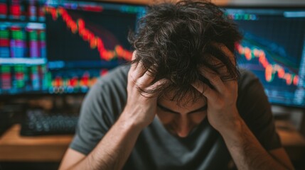 Stressed man with hands on head in front of multiple computer screens displaying stock market data