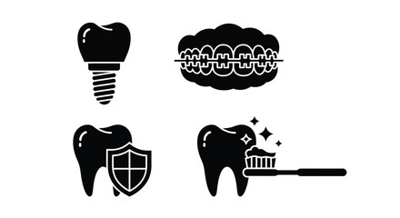 Dental care icons showing teeth braces protection and hygiene concepts