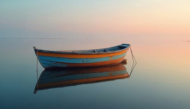 Lonely boat floats on calm water surface reflecting. Old fishing vessel rests on horizon. Small wooden rowboat is on silent lake during pastel sunrise time.