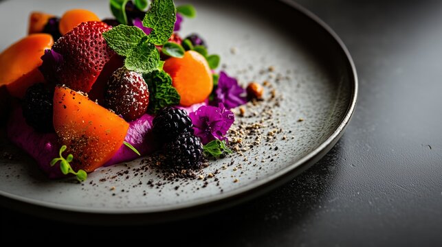 Fine dining dessert with berries, mint, edible flowers on gray plate, gourmet restaurant food photography