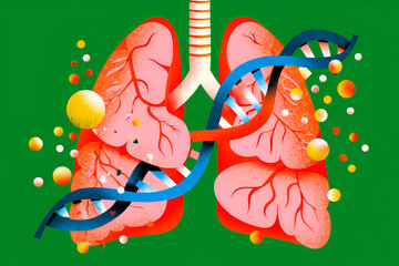 Pink Lungs with Blue D N A Strand and Colorful Bubbles on Green Background respiratory anatomy