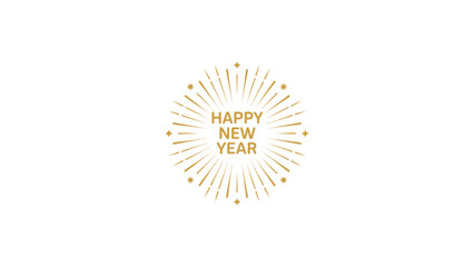 Elegant golden happy new year text design with radiating lines and decorative elements on a white background