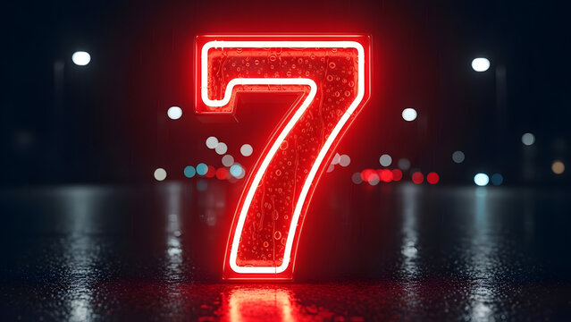 Glowing red neon number seven stands out in the dark cityscape