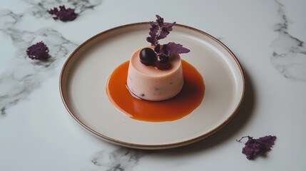 Elegant Layered Mousse Cake with Purple Chocolate and Fruit Garnish