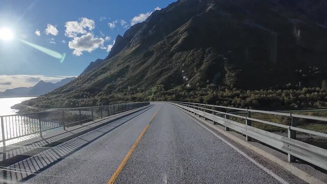 Scenic drive on a coastal road in the Lofoten Islands, Norway