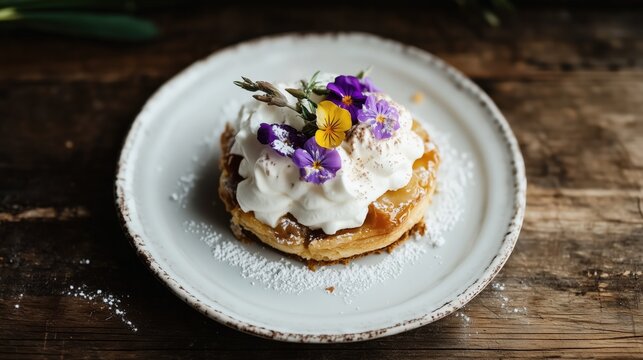 Gourmet French Toast Topped with Edible Flowers and Berries