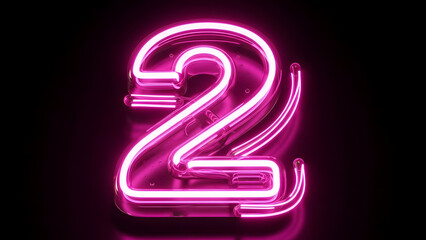 Glowing pink neon number two against a dark background