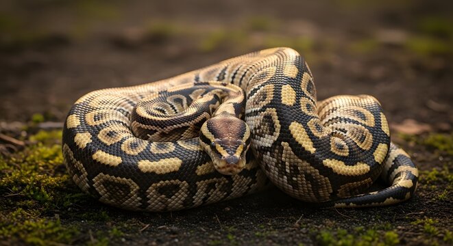 Coiled ball python ready to strike in a defensive posture, showcasing its beautiful scales.